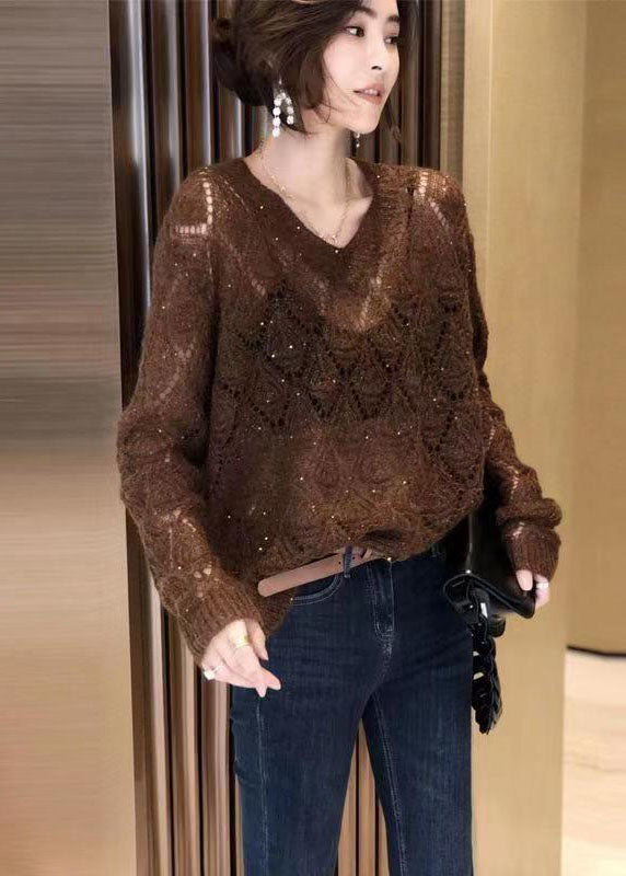 VCSHOES Coffee V Neck Hollow Out Cozy Ma Hai Mao Cotton Knit Tops Fall