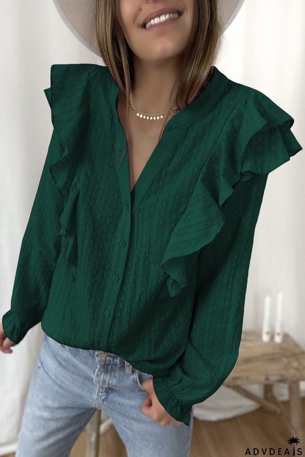 Dotted Texture Sheer Ruffles Bubble Sleeves Shirt