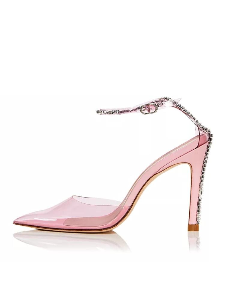 Pink Clear Rhinestone Pumps Buckle Ankle Strap Pointed-Toe Stiletto Heeled Pumps
