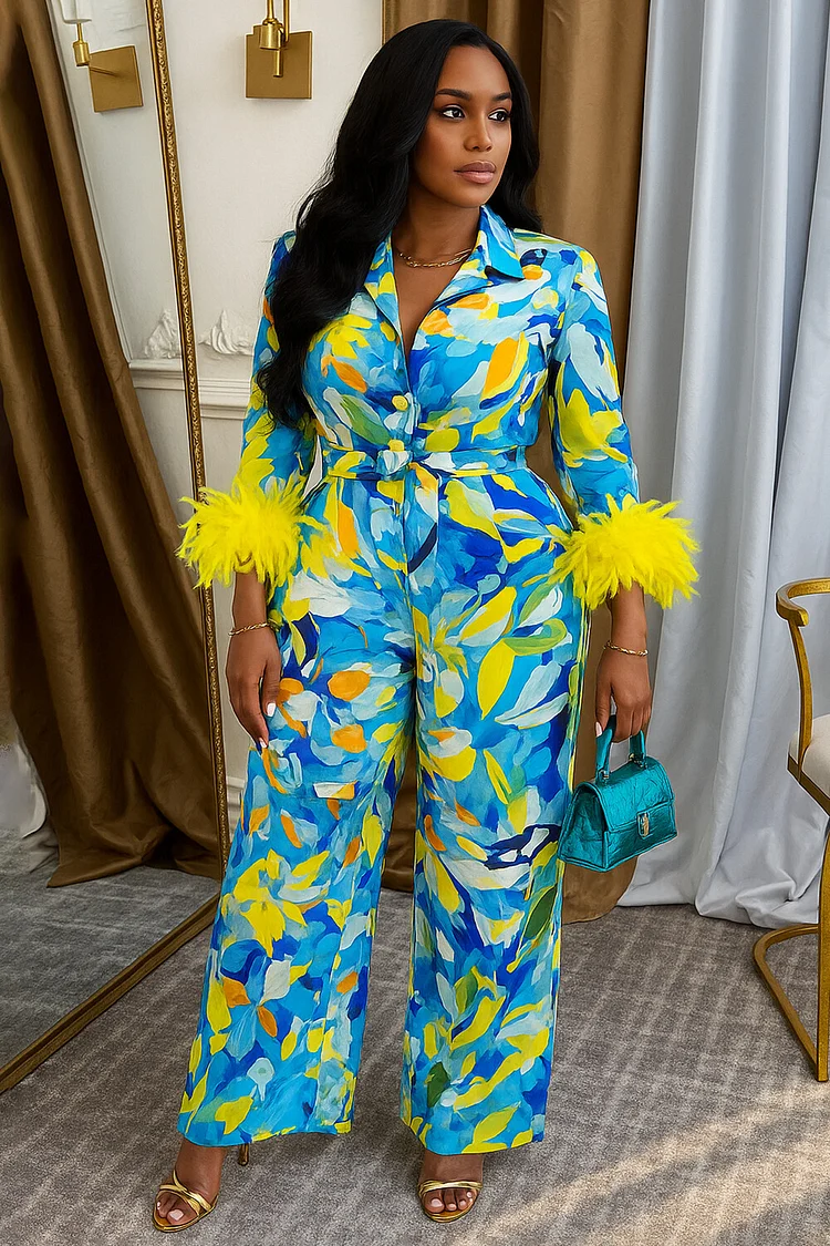 Lapel Collar Feather Cuff Petal Print Wide Leg Jumpsuit-Blue [Pre Order]
