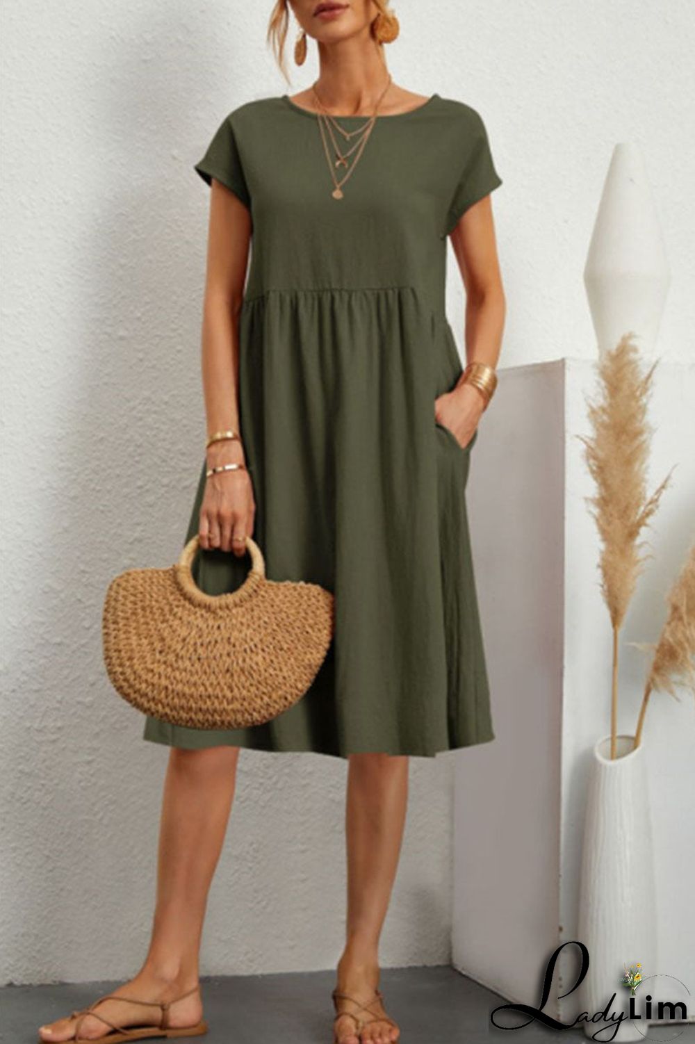 Casual Solid Patchwork O Neck A Line Short Sleeve Dress(11 colors)