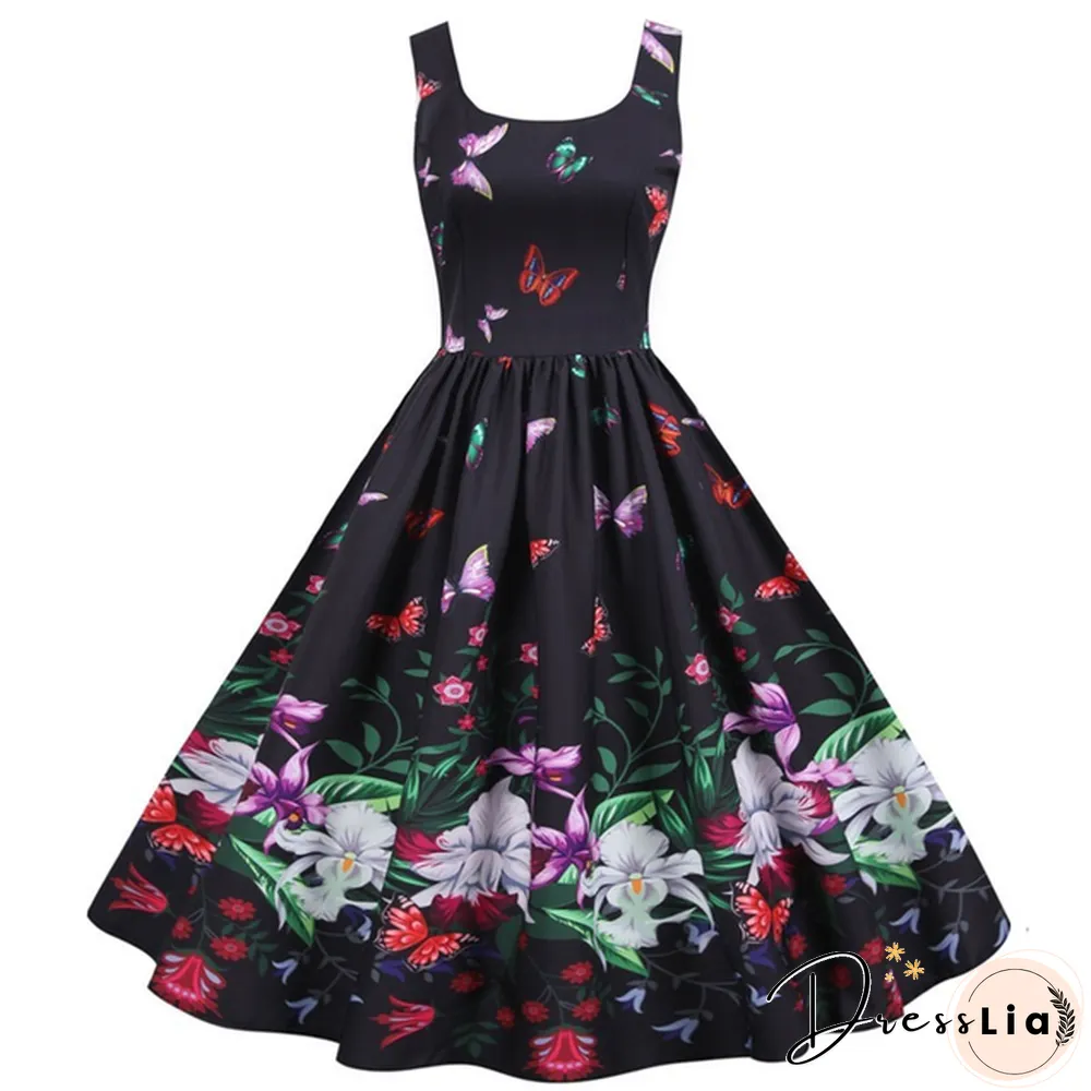 Sweet Heart Print Swing Vintage Women Summer Dress Sexy Halter Retro Rockabilly Rave Party
