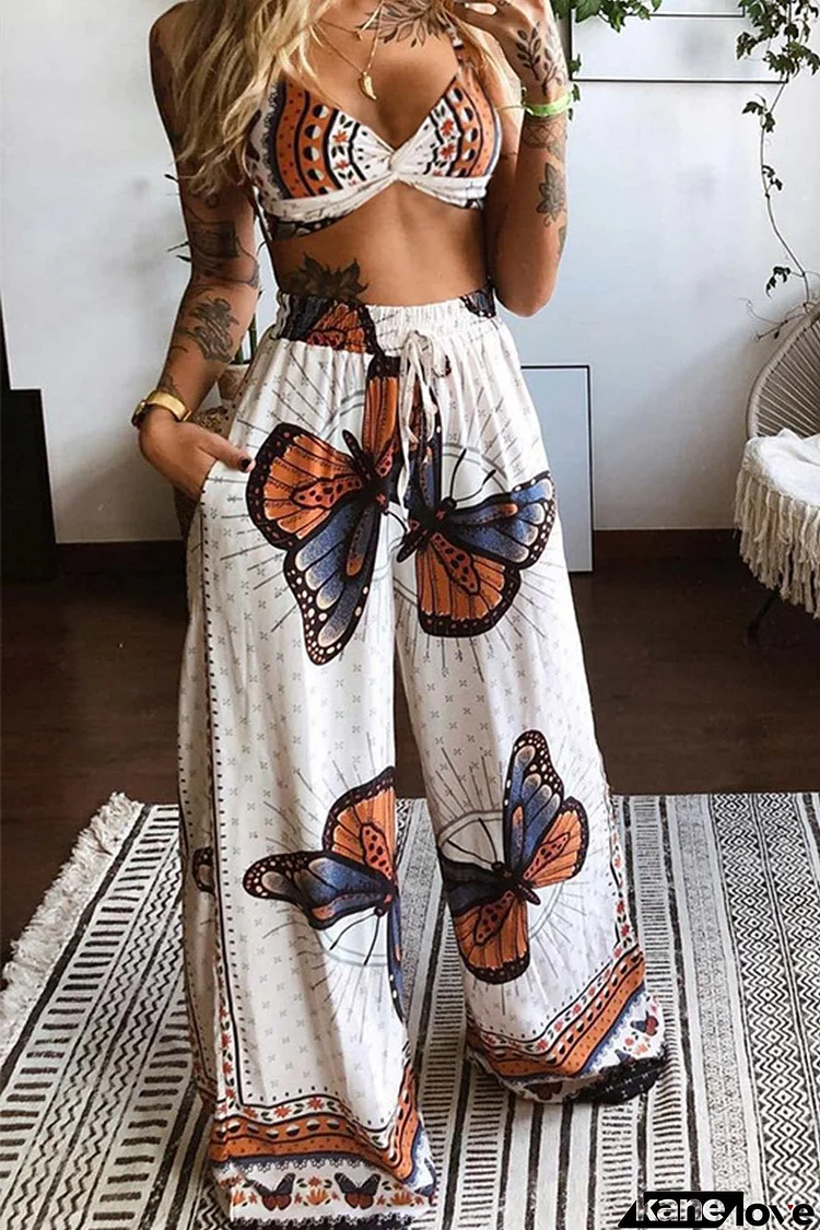 Butterfly Print Twisted Crop Top & Wide Leg Pants Set