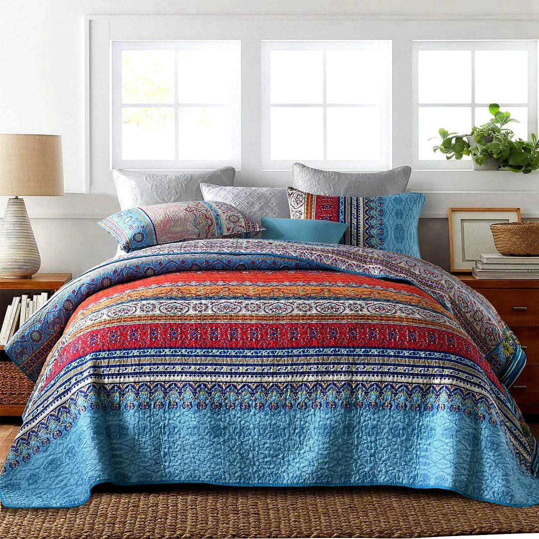 Qucover Bohemian Queen Quilt, 3 Piece Soft Microfiber Ethnic Style Boho Red, Orange and Blue Quilted Throw Bedspreads, Reversible Multicolored Boho Quilts, 86” x 94”