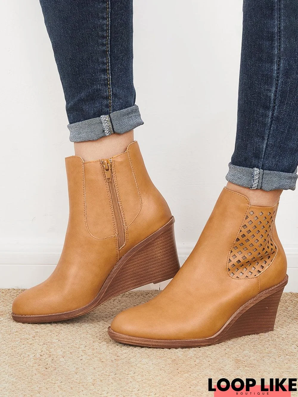 Hollow Side Zip Stacked Wedge Heel  Ankle Boots