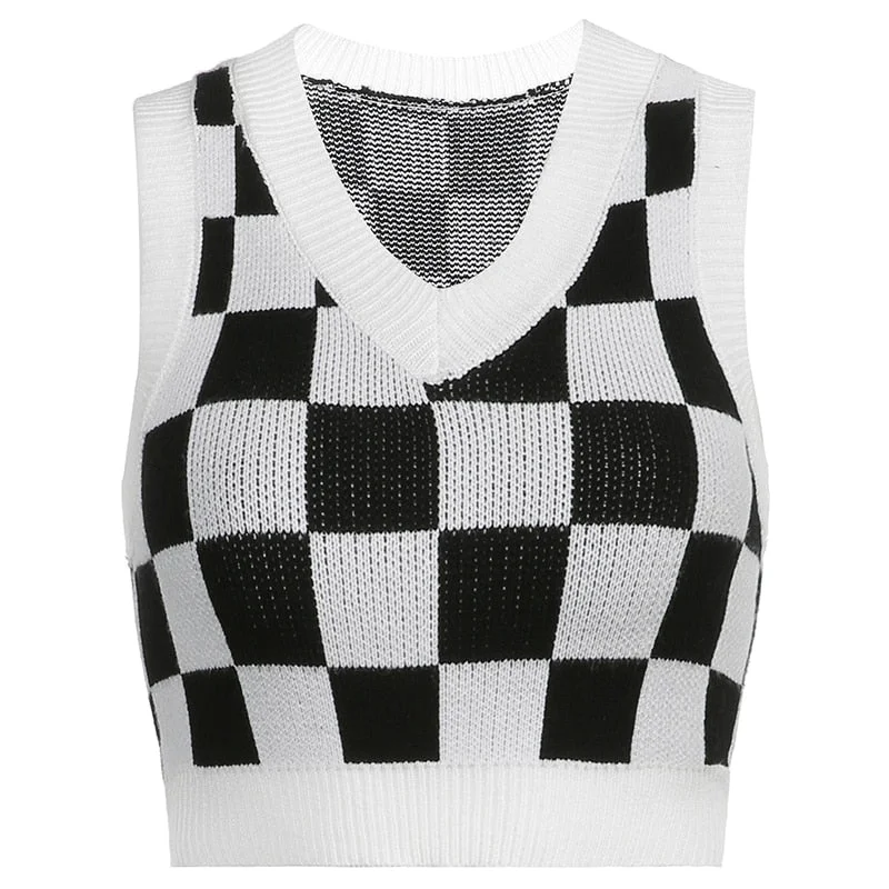 HEYounGIRL Sleeveless Vintage V Neck Knitted Vest Autumn Black White Plaid Print Sweater Women Y2K Fashion Knitwear Streetwear