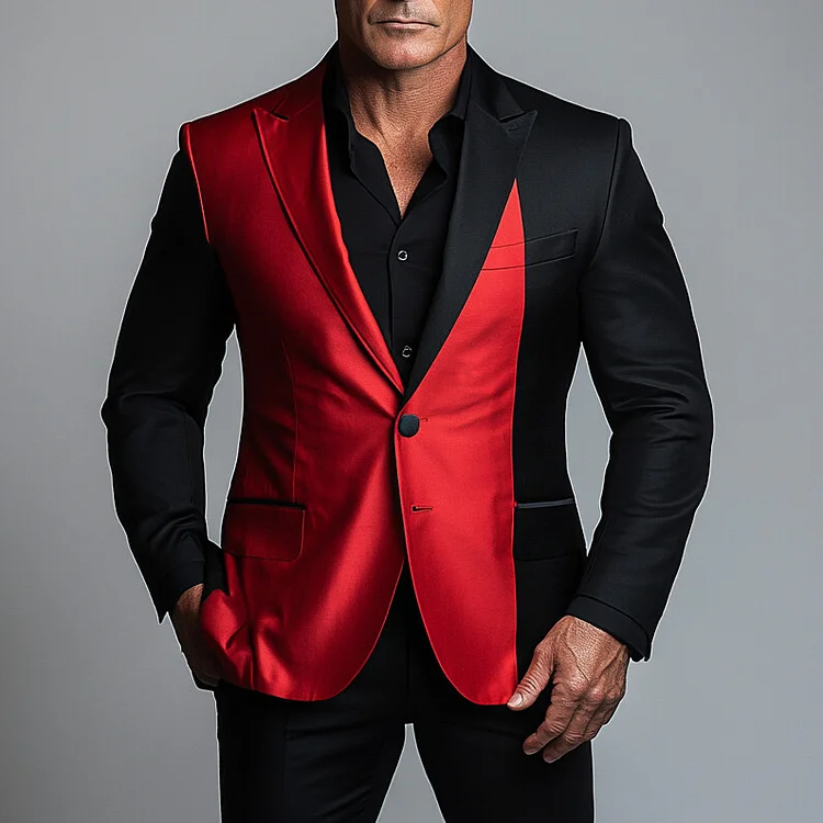 Men's Peaked Lapel Two Button Long Sleeve Color Block Blazer