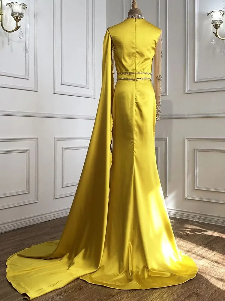 Miabel Shinning Yellow Bead Embroidery Mermaid Floor Length Prom Dress With Shawl