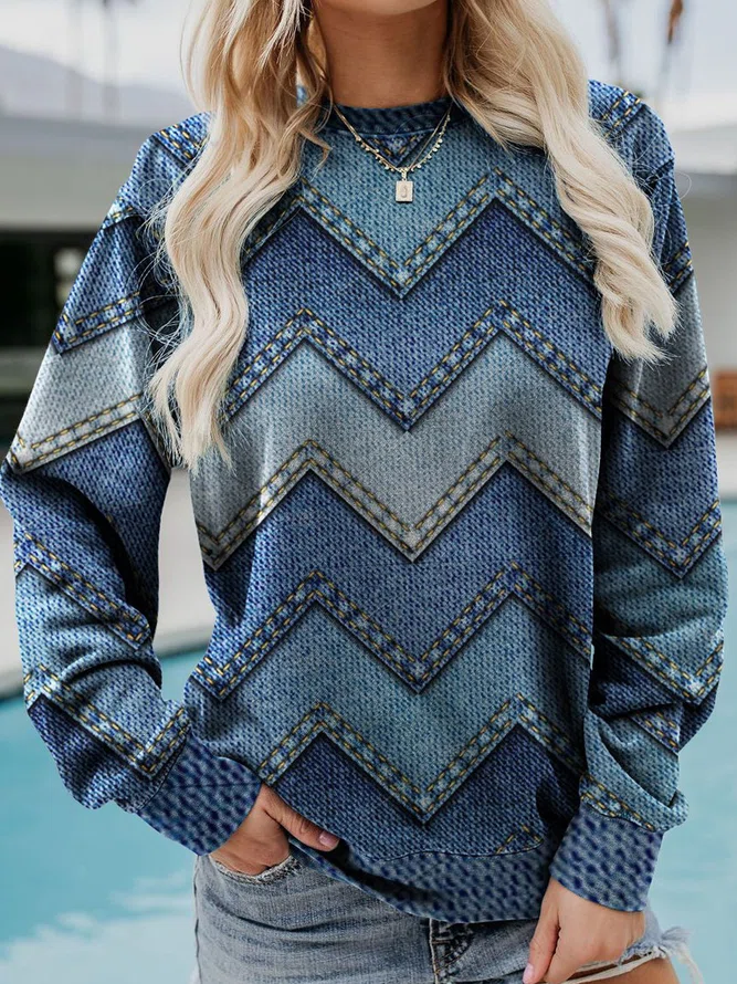 Crew Neck Geometric Casual Sweatshirt