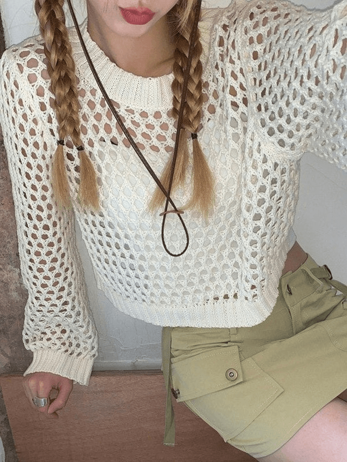 Crochet Knit Y2K Long Sleeve Crop Top
