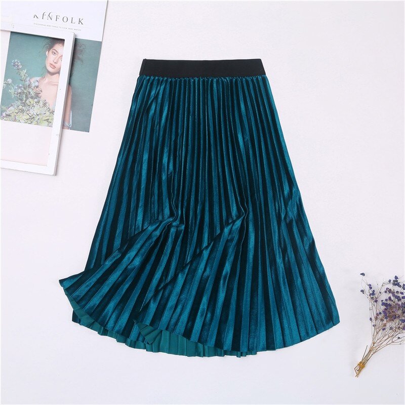 Autumn Winter Long Skirt Women Streetwear High Waisted Skinny Velvet Skirt Female Ladies Pleated Skirts Elegant Maxi Women Skirt