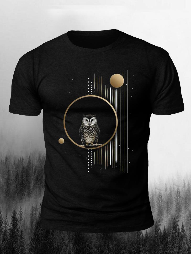 Men's Owl Dotted Line Starry Sky Print Casual Short Sleeve T-shirt