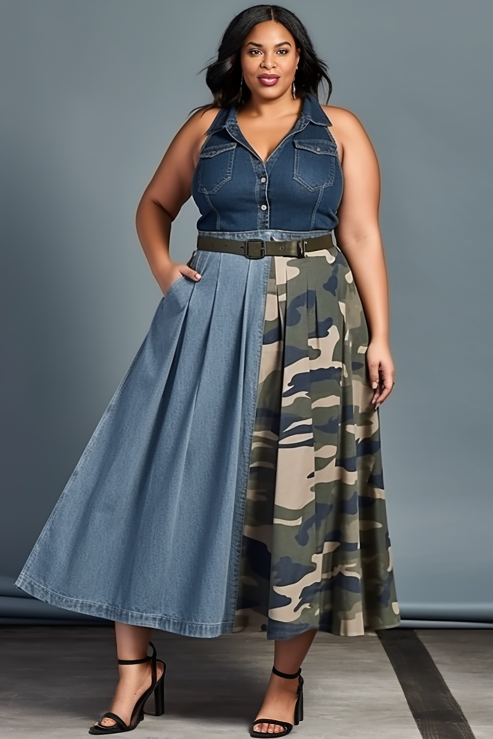 Design Plus Size Daily Light Blue Camo Halter Collar Contrast Pleated Pocket Tencel Denim Midi Dresses [Pre-Order]