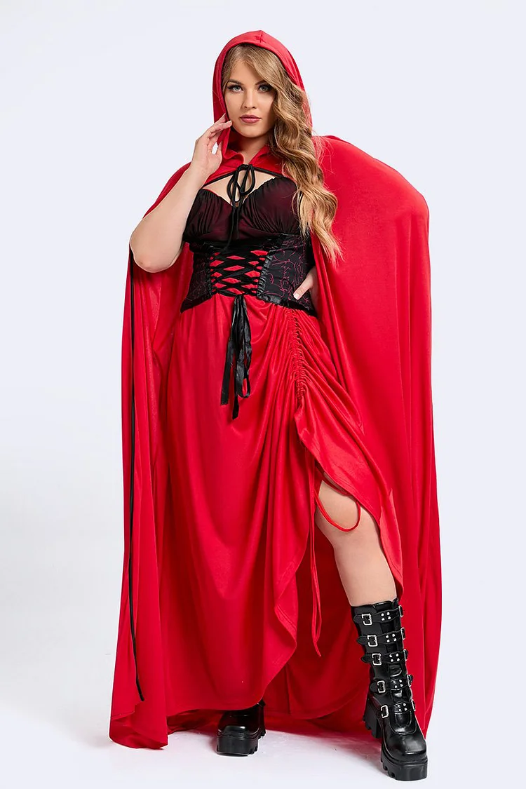 Flycurvy Plus Size Halloween Witch Costumes Red Cloak Lace Up Maxi Dress (Only Cloak And Dress)  Flycurvy [product_label]