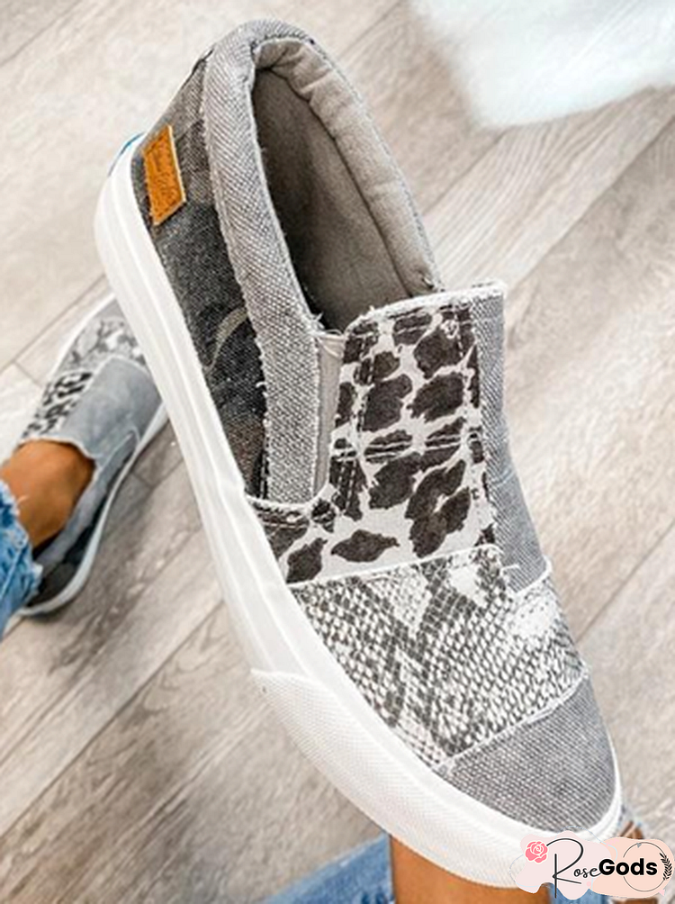 Vintage All Season Snakeskin Split Joint Sports & Outdoor Flat Heel Round Toe Fabric Eva Sneakers For Women
