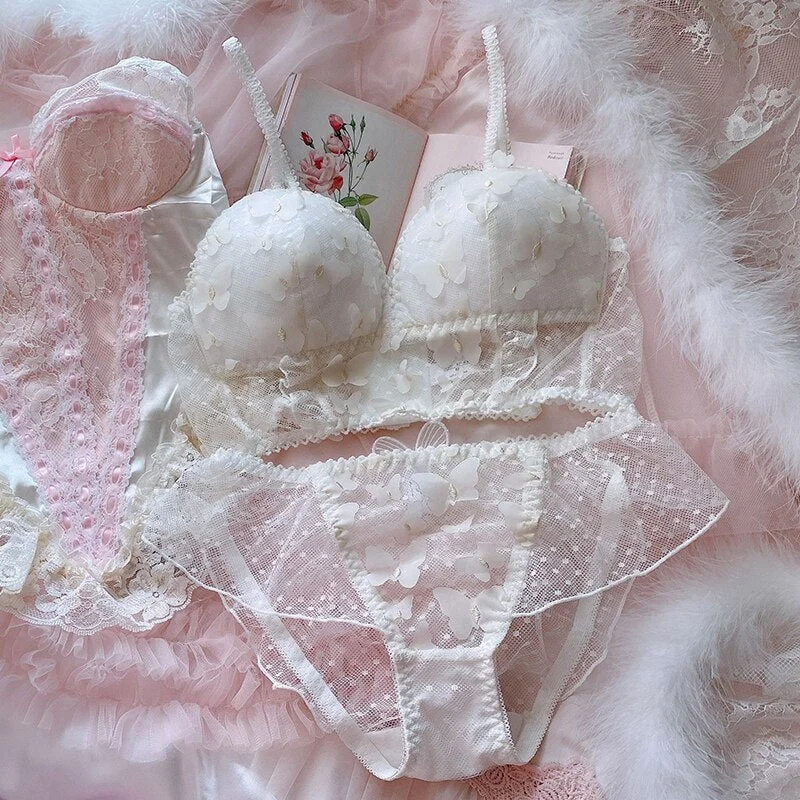 Retro girl sweet and sexy cotton bra with briefs set white lace princess no steel ring underwear set butterfly sling lingerie