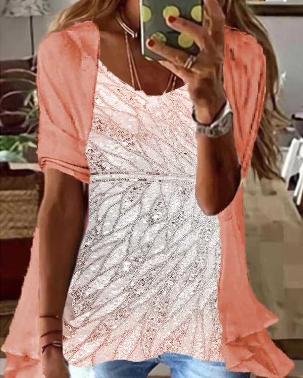 Fake Two Piece Waisted Round Neck Chiffon Top