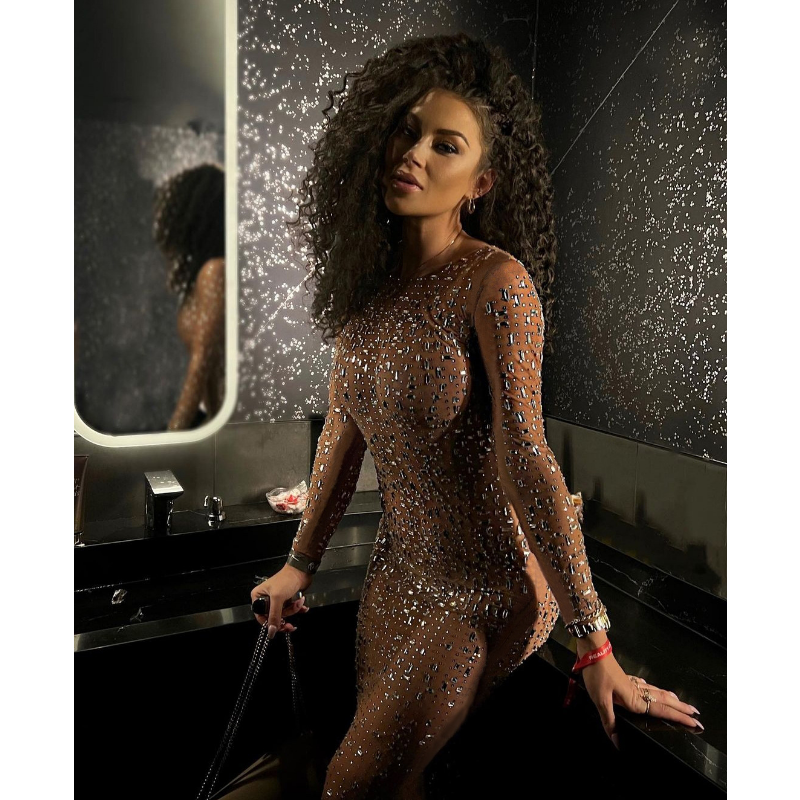 Ootddress Glitter Female Cover up Maxi Dress Mesh See-Through Split Fashion Long Sleeve Slim Sexy Beach Cover up Dress For Women New