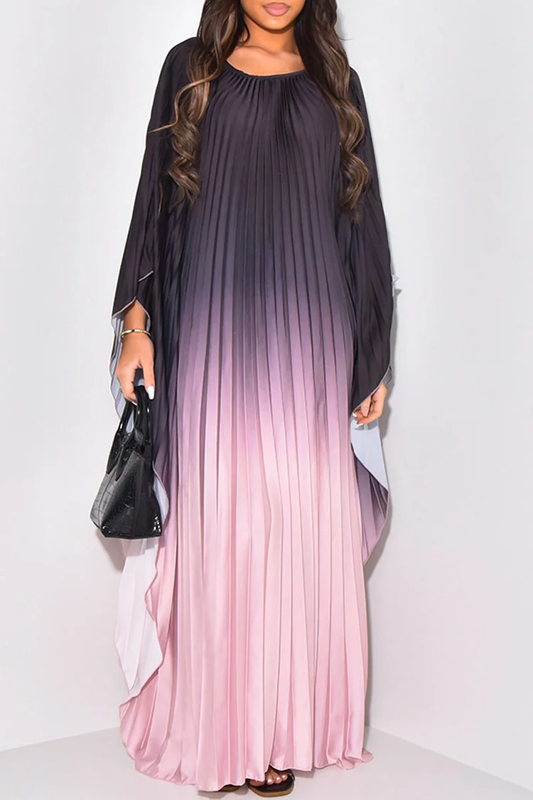 Ombre Print Round Neck Batwing Sleeve Pleated Kaftan Maxi Dresses