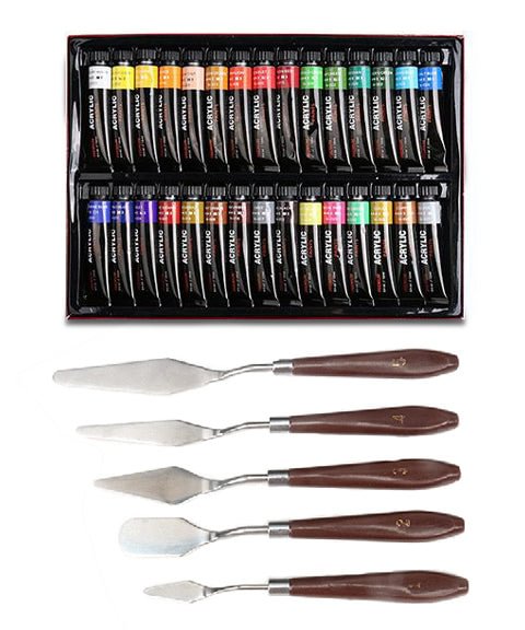 30 Colors Acrylic Paint Set With 5 Pcs Stainless Steel Palette Knives Set