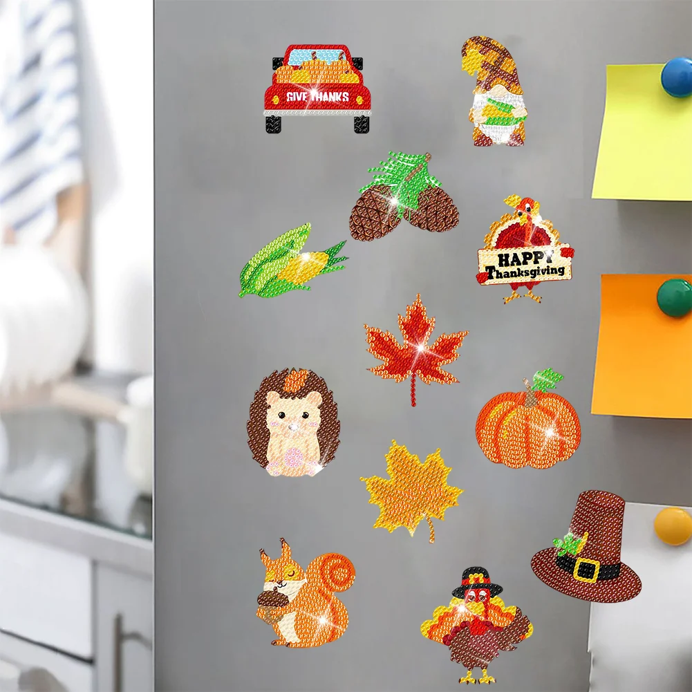 12pcs DIY Thanksgiving Diamond Painting Magnets Refrigerator for Adult Kid Fridge Car
