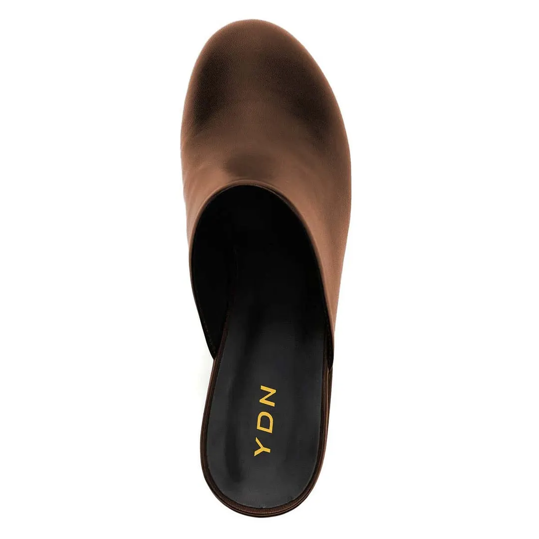 YDN Brown Block Heel Slip-On Platform Mules with Round Toe