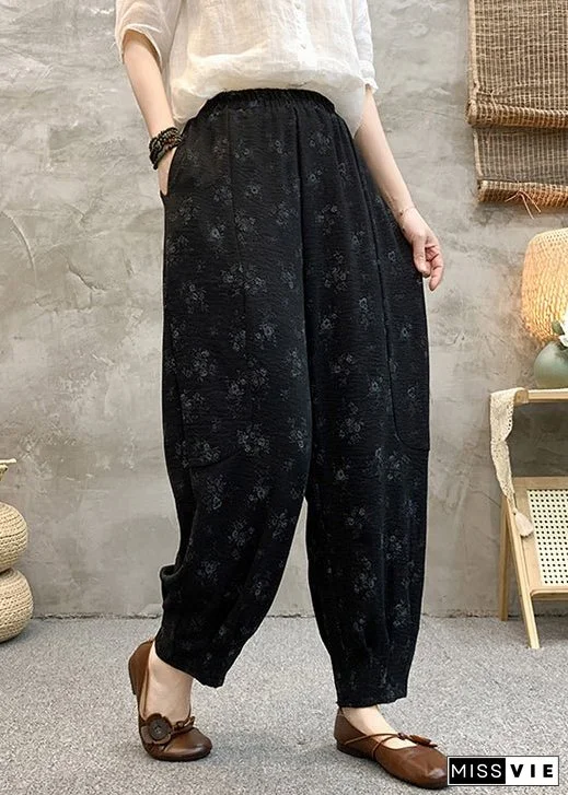 Plus Size Black Print Elastic Waist Cotton Crop Pants Summer