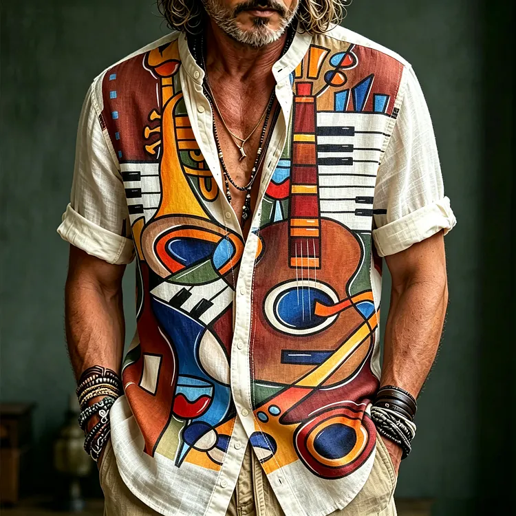 Men's Retro Hippie Guitar Pop Art Design Linen Short-sleeve Shirt
