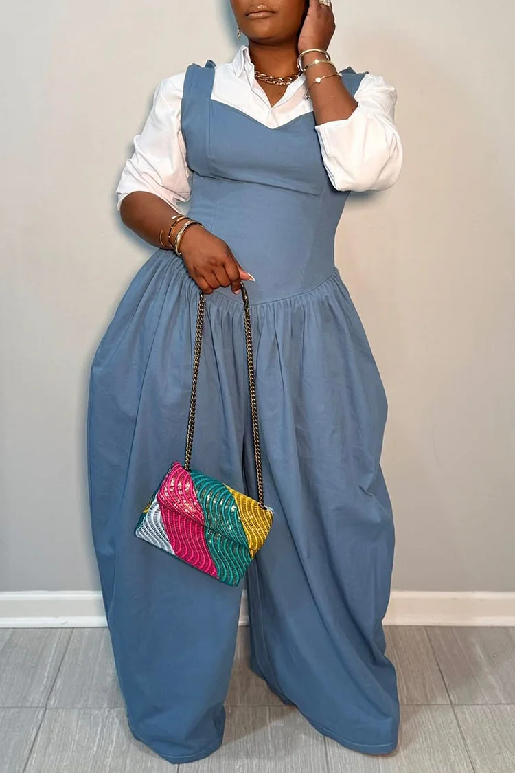 Plus Size Business Casual Casual Blue Square Neck Pocket Tencel Denim Jumpsuits (Without Blouse) [Pre-Order] 2024 - Xpluswear