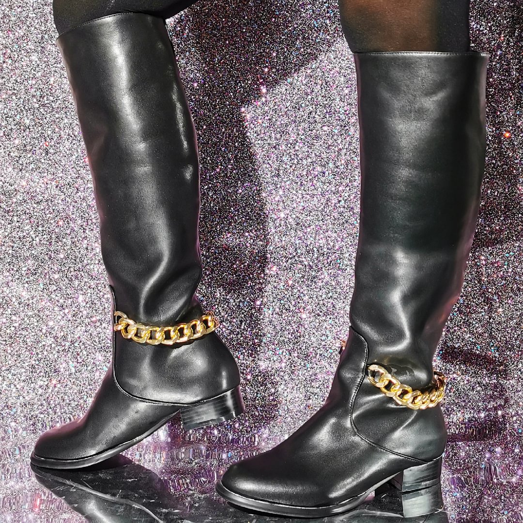 Women's  Slip On Chain Round Toe Plus Size Mid Flat Knee High Boots Novameme