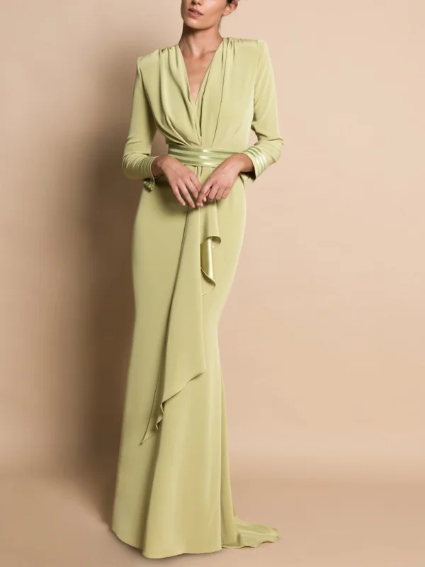 V-Neck Long Sleeve Solid Color Maxii Dress