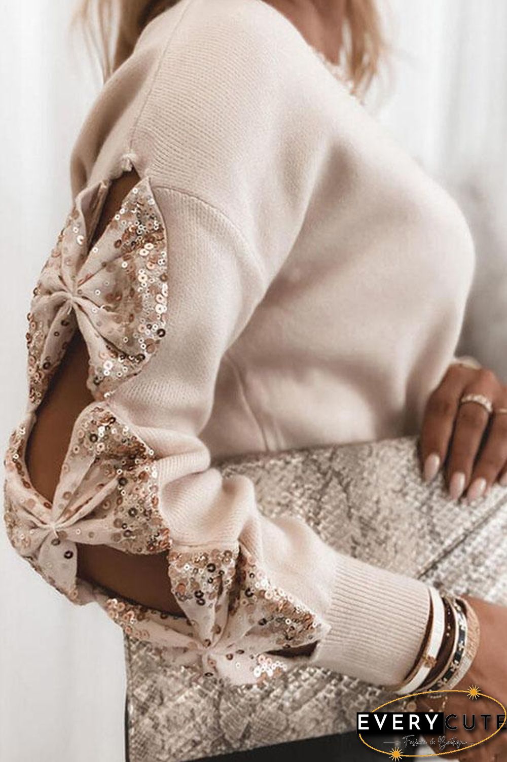 Striking Patchwork Sequins Round Neck Sweater P15517