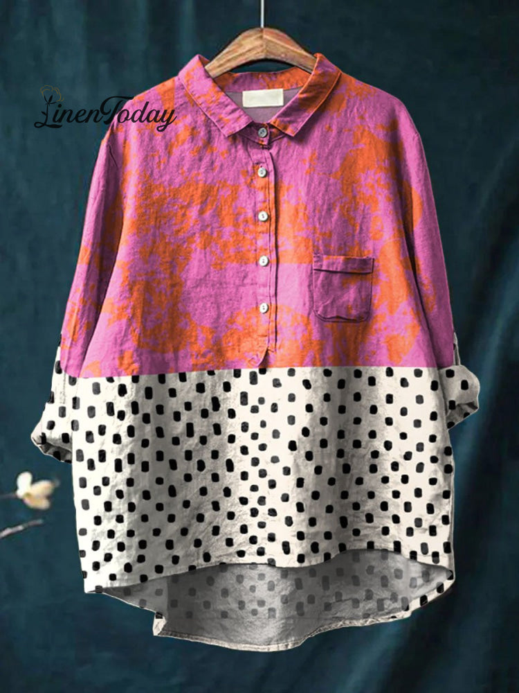 Vintage Wave Point Pattern Art Print Casual Cotton And Linen Shirt Multicolor / S