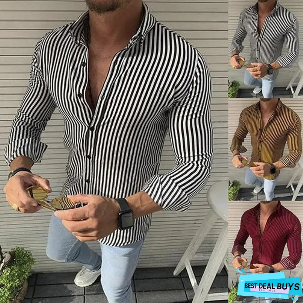Striped Long Sleeve Button Down Lapel Men's Casual Shirts