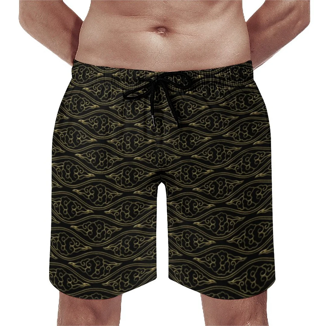 Auspicious Clouds Raditional Chinese Men's Swim Trunks Summer Board Shorts Quick Dry Beach Short with Pockets