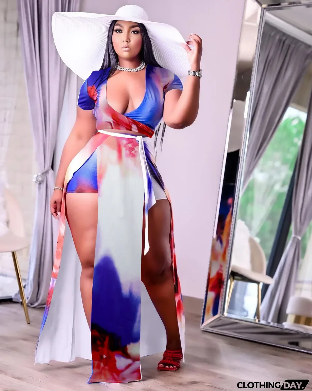 Plus Size Sexy Printed Short Sleeve Split Maxi Skirt Sets