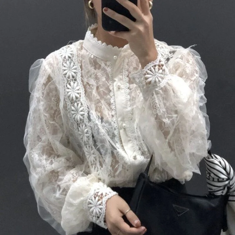 Vintage Lace Blouses Stand Collar Tops See Through Shirt Women Blouse Korean Clothing Pearl Buckle Loose Long Sleeve Shirt 13339