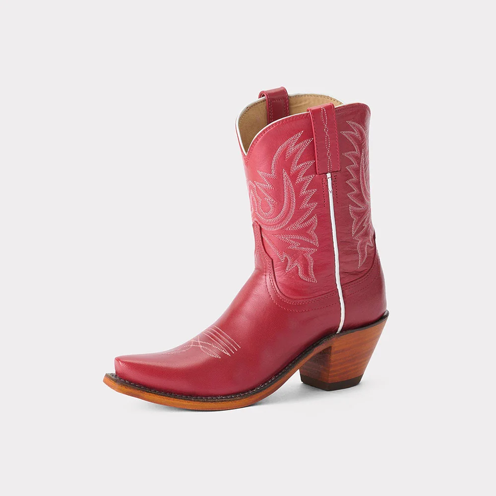 Red Embroidered Stacked Heel Snip Toe Mid-Calf Cowgirl Boots for Women