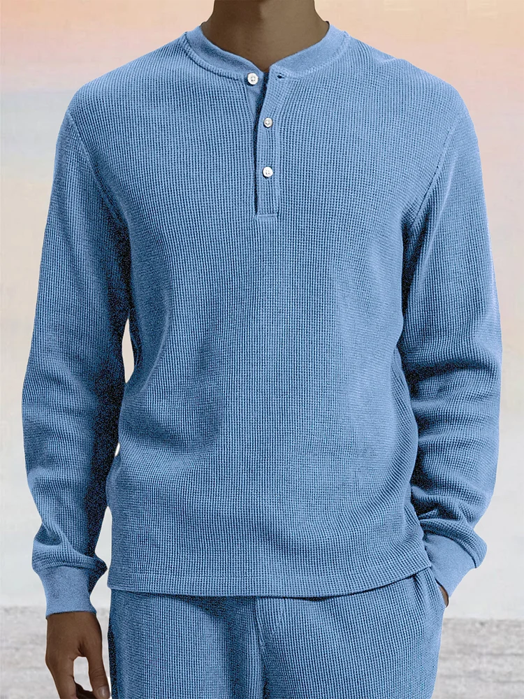 Men's Waffle Casual Stylish Button-Down Henley Top