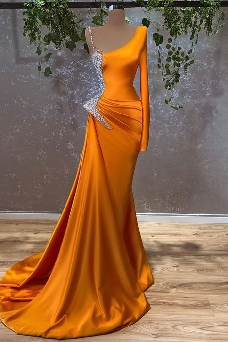 Luluslly Burnt Orange Long Sleeves Mermaid Prom Dress With Beads 5739