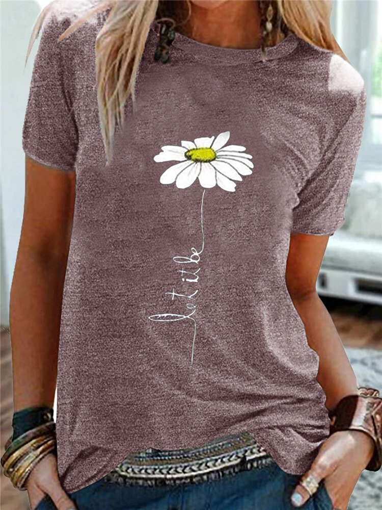 Simple Flower Embroidery Short Sleeve Casual T-shirt