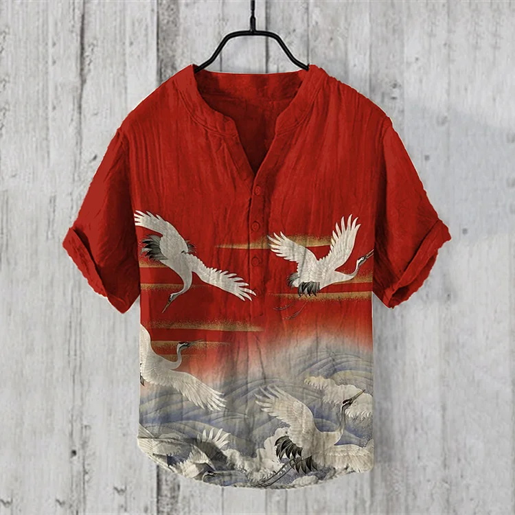 Wearshes Men's Japanese Crane V Neck Casual Linen Blend Shirt