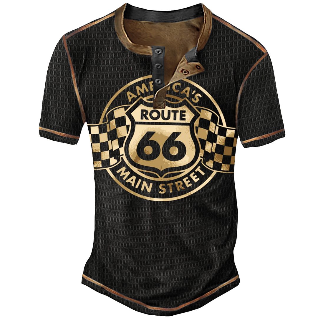 Men‘s Retro Printed Short Sleeve Round Collar Button Outdoor Henley Shirt
