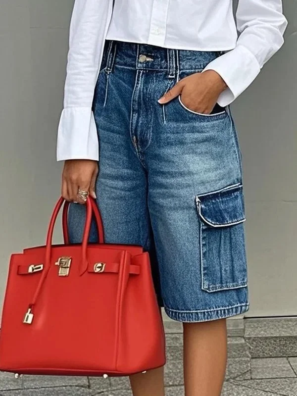 Pockets Buttoned Wide Leg Loose Shorts Bottoms Jean Pants Bottoms