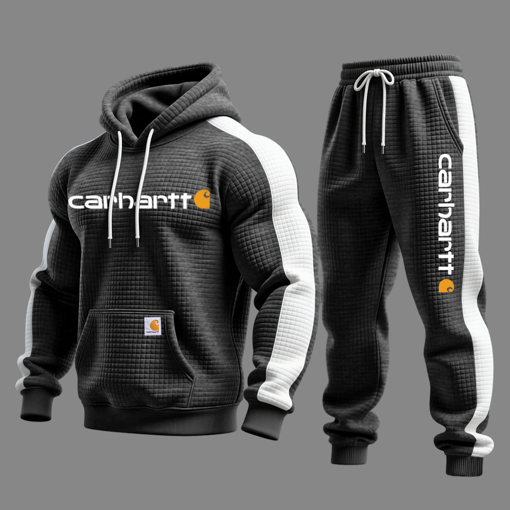 Men's Vintage Dark Gray White Waffle Quilted Plaid Pocket Hoodie And Sweatpants Jogger Set