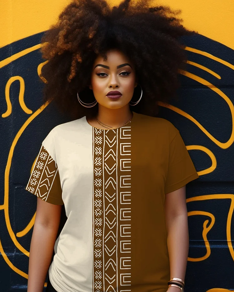 Tribal Stripes Patchwork Crew Neck Short Sleeve Tshirt