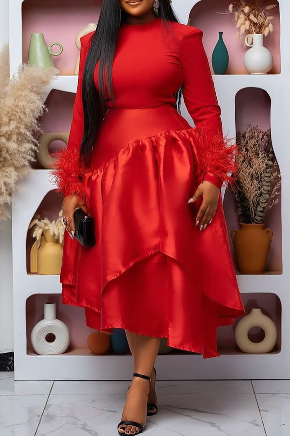 Plus Size Semi Formal Elegant Red Spring Summer Round Neck Long Sleeve Trimmings Satin Midi Dress [Pre-Order]