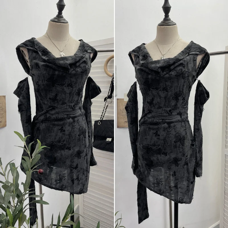 Nigikala Nigikala Shooting Wasteland Wind Makes Old Hole-Breaking Fabric Collared Hooded And Hip Dress With Cuff Cover Dress 9263