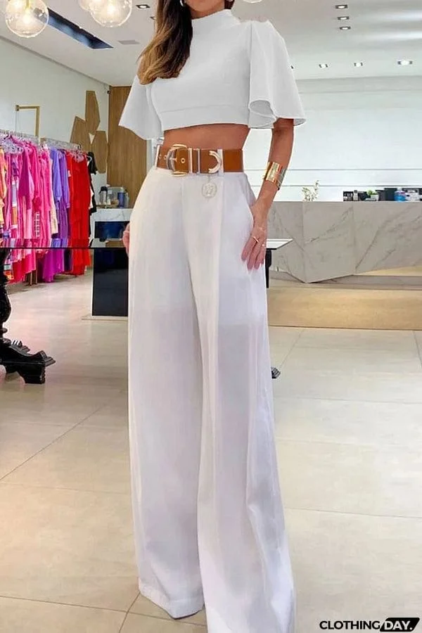 Natti Bell Sleeve Crop Top and Pocketed Wide Leg Pants Set