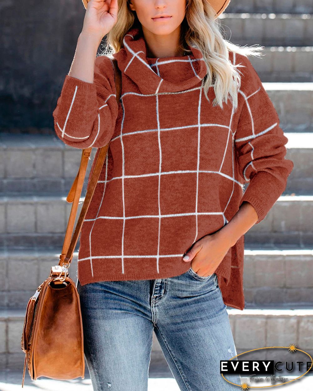 Rust Red Plaid Print Turndown Collar Pullover